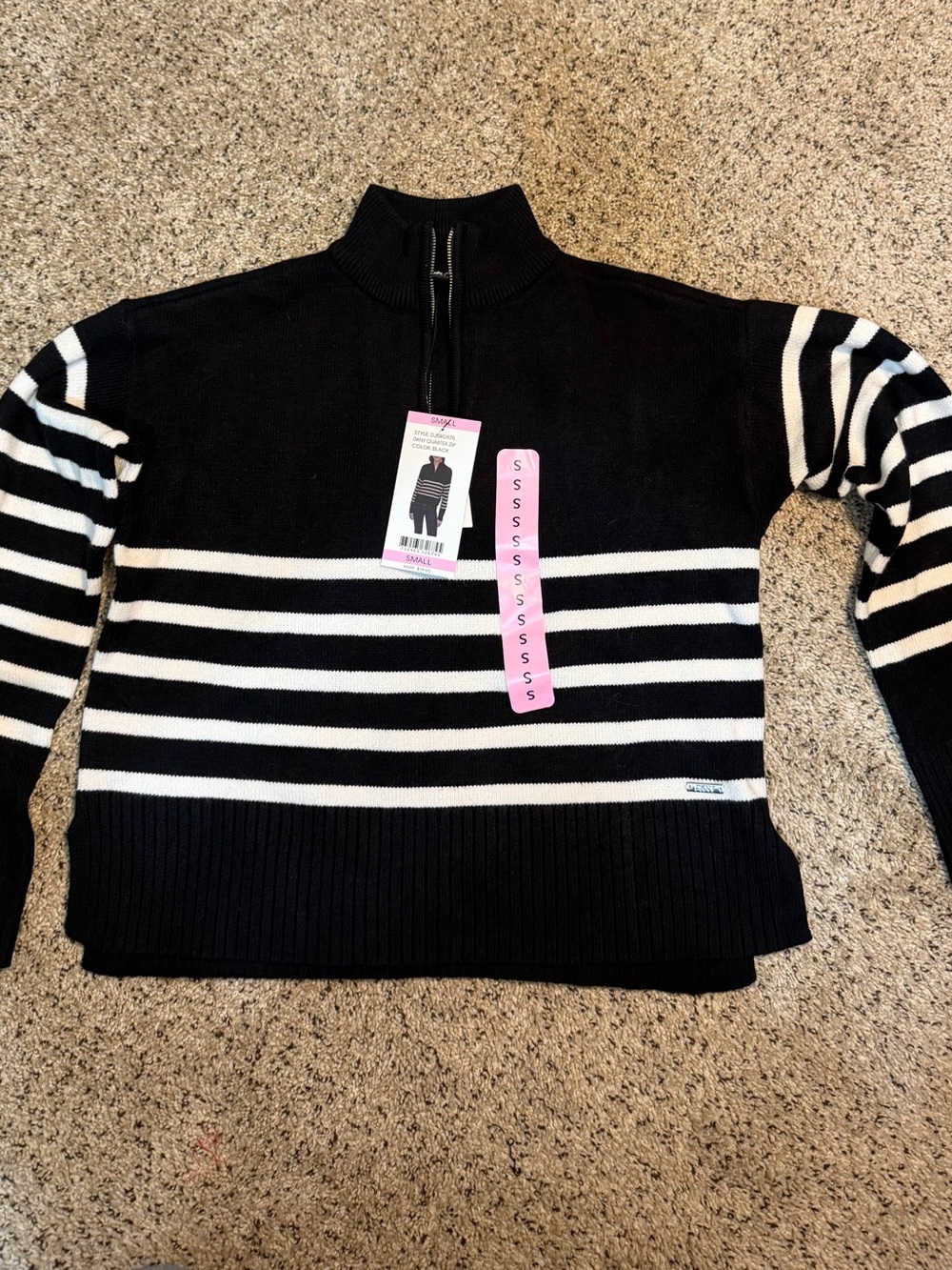 DKNY Black and White Striped Half-Zip Turtleneck Sweater